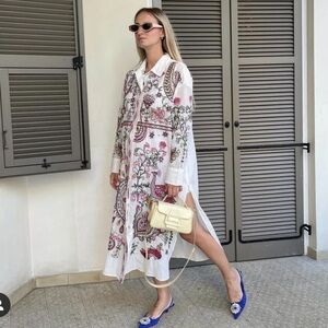 Zara Peacock Embroidered Button Up Shirt Dress Tunic